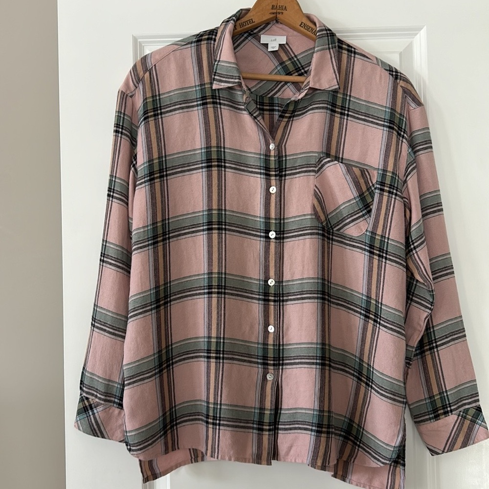 J Jill Plaid Shirt w Patch Pocket Pink Green Sz M w MEASUREMENTS!